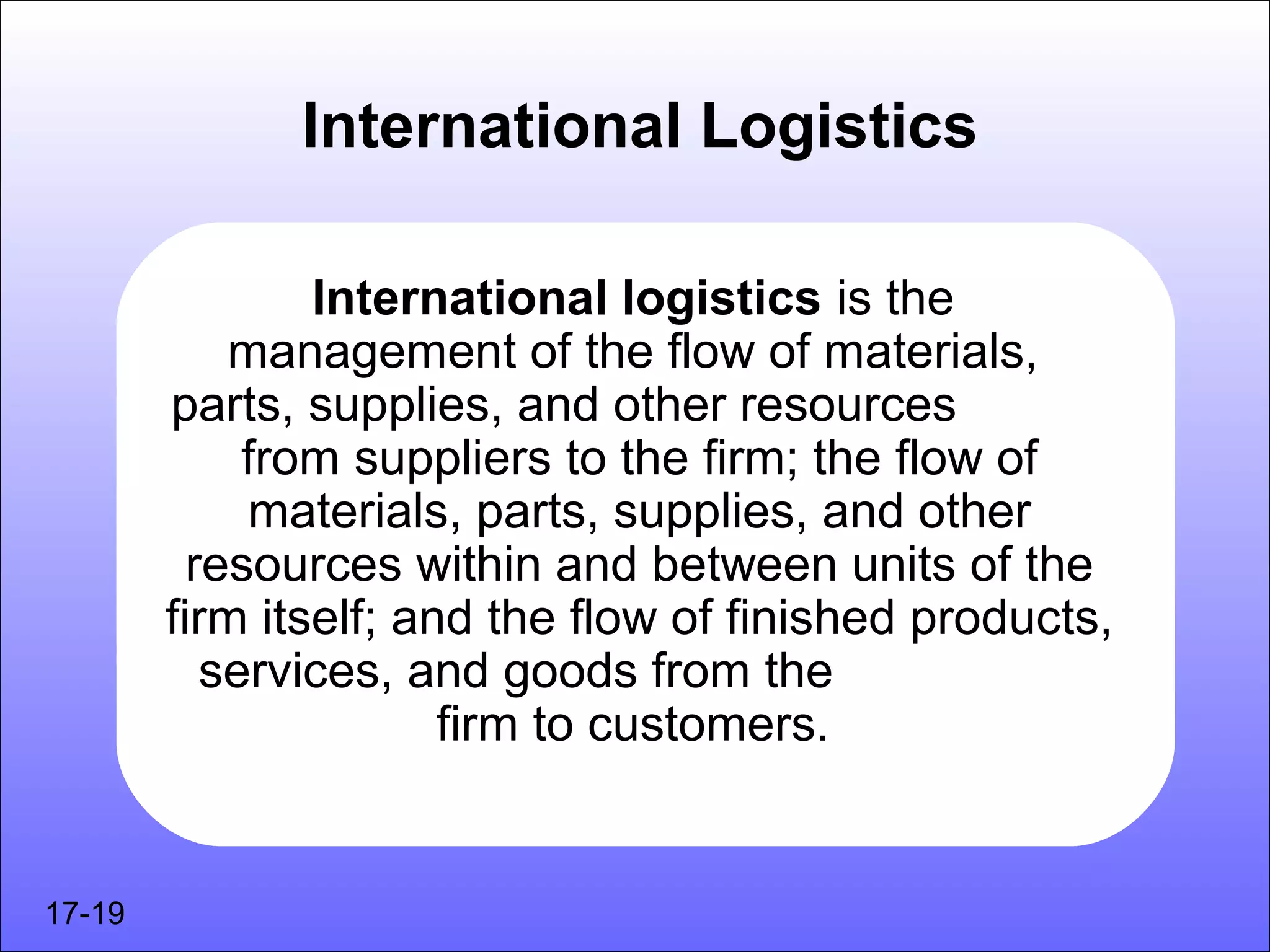 International Logistics

                International logistics is the
            management of the flow of materials,
        parts, supplies, and other resources
             from suppliers to the firm; the flow of
             materials, parts, supplies, and other
          resources within and between units of the
        firm itself; and the flow of finished products,
           services, and goods from the
                       firm to customers.


17-19
 
