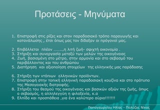 Προτάσεις - Μηνύματα

1. Επιστροφή στις ρίζες και στον παραδοσιακό τρόπο παραγωγής και
   κατανάλωσης , έτσι όπως μας τον δίδαξαν οι πρόγονοί μας.

2. Επιβάλλεται πλέον ……..,η λιτή ζωή- σφιχτή οικονομία .
3. Στήριξη και συνεργασία μεταξύ των μελών της οικογένειας
4. Ζωή, βασισμένη στο μέτρο, στην αρμονία και στο σεβασμό του
   περιβάλλοντος και του ανθρώπου
5. Διατήρηση και αξιοποίηση στοιχείων της ελληνικής μας παράδοσης

6. Στήριξη των ντόπιων ελληνικών προϊόντων.
7. Επιστροφή στην τοπική ελληνική παραδοσιακή κουζίνα και στο πρότυπο
   της Μεσογειακής διατροφής.
8. Στήριξη του θεσμού της οικογένειας και βασικών αξιών της ζωής, όπως
   ο σεβασμός, η αλληλεγγύη η φιλοξενία, κ.α
9. Ελπίδα και προσπάθεια ,για ένα καλύτερο αύριο!!!!!!!

                                      Παπαγεωργίου Ηλίας - Πολύζος Νίκος
 