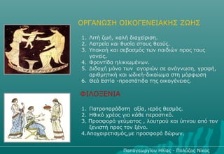 ΟΡΓΑΝΩΣΗ ΟΙΚΟΓΕΝΕΙΑΚΗΣ ΖΩΗΣ

1. Λιτή ζωή, καλή διαχείριση.
2. Λατρεία και θυσία στους θεούς.
3. Υπακοή και σεβασμός των παιδιών προς τους
   γονείς.
4. Φροντίδα ηλικιωμένων.
5. Διδαχή μόνο των αγοριών σε ανάγνωση, γραφή,
   αριθμητική και ωδική-δικαίωμα στη μόρφωση
6. Θεά Εστία -προστάτιδα της οικογένειας.

ΦΙΛΟΞΕΝΙΑ

1. Πατροπαράδοτη αξία, ιερός θεσμός.
2. Ηθικό χρέος για κάθε περαστικό.
3. Προσφορά γεύματος , λουτρού και ύπνου από τον
   ξενιστή προς τον ξένο.
4.Αποχαιρετισμός,με προσφορά δώρων.


              Παπαγεωργίου Ηλίας - Πολύζος Νίκος
 