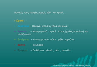 Βασικές τους τροφές :ψωμί, λάδι και κρασί.


Γεύματα :

• Ακράτισμα – Πρωινό: κρασί ή γάλα και ψωμί.

• Άριστον   – Μεσημεριανό : κρασί , έτνος (χυλός οσπρίων) και
  μάζα(ψωμί).

• Εσπέρισμα – Απογευματινό: σύκα , μέλι , φρούτα.

• Δείπνο     – συμπόσια

• Τράγημα    – Επιδόρπιο: γλυκά , μέλι , παστέλι.




                                 Παπαγεωργίου Ηλίας - Πολύζος Νίκος
 