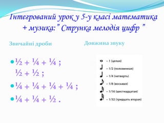 Інтегрований урок у 5-у класі математика
   + музика:” Струнка мелодія цифр ”
Звичайні дроби      Довжина звуку


½ + ¼ + ¼ ;
 ½+½;
¼ + ¼ + ¼ + ¼ ;
¼ + ¼ + ½ .
 