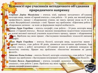 Відомості про учасників методичного об’єднання
                природничого напрямку
O   Сопрович Доріна Михайлівна – вчитель хімії, керівник методичного об’єднання,
    категорія вища, звання «Старший вчитель», стаж роботи – 16 років, має високий рівень
    професійності, працює з обдарованими учнями, які мають призові місця на ІІ та ІІІ
    етапах Всеукраїнської олімпіади з хімії. Працює над проблемою: «Ефективна робота з
    обдарованою дитиною – це шлях до формування творчої особистості».
O   Дубець Лаура Георгіївна – вчитель географії, стаж роботи – 24 роки, категорія вища,
    звання « Старший вчитель». Володіє високою інноваційною педагогічною технологією
    на основі виховної взаємодії учасників педагогічного процесу, працює з обдарованими
    учнями. Проблема над якою працює: «Застосування інноваційних технологій навчання
    географії».
O   Лухан Марія Георгіївна – вчитель біології, категорія вища, педагогічне звання –
    Старший вчитель, стаж роботи 40 років, цікавиться екологічними проблемами, бере
    активну участь у роботі методичного об’єднання школи та районних конкурсах на
    екологічну тематику. Працює над проблемою: «Екологічне виховання на уроках
    біології».
O   Зайшлюк Олена Іллівна – вчитель біології, категорія «спеціаліст», стаж роботи 7 років.
    Працює над проблемою: «Застосування інтегрованої технології у викладанні біології».
O   Гостюк Василь Лаврентійович – вчитель географії, економіки та екології, категорія
    спеціаліст, стаж роботи 2 роки. Проблема над якою працює: «Екологічне виховання на
    уроках географії рідного краю».
 