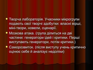  Творча лабораторія. Учасники мікрогрупи
  подають свої творчі здобутки: власні вірші,
  міні-твори, новели, сценарії.
 Мозкова атака. (група ділиться на дві
  частини: генератори ідей і критики. Перші
  виступають генератори, потім критики.)
 Саморозвиток. (після виступу учень критично
  оцінює себе й аналізує недоліки)
 
