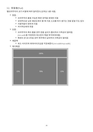 3.2. 유동형(Fluid)
웹브라우저의 크기 비율에 따라 달라진다.(단위는 %를 사용)
   • 장점 :
       • 브라우저의 활용 가능한 화면 영역을 최대한 이용
       • 상대적으로 낮은 해상도에서 볼 때 가로 스크롤 바가 생기는 것을 없앨 수도 있다
       • 사용자들이 편하게 이용
       • 저시력인에게 유용
   • 단점 :
       • 브라우저의 폭이 좁을 경우 한줄 길이가 좁아져서 가독성이 떨어짐
         (min-width를 지정하여 최소한의 폭을 유지하여야함)
       • 화면이 큰 모니터일 경우 좌우폭이 넓어져서 가독성이 떨어짐
   • 해결책
       • 최소 사이즈와 최대사이즈값을 지정해준다.(min-width/max-width)
   • 예시화면




                               18
 