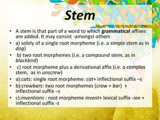 Stem
• A stem is that part of a word to which grammatical affixes
  are added. It may consist -amongst others
• a) solely of a single root morpheme (i.e. a simple stem as in
  dog)
• b) two root morphemes (i.e. a compound stem, as in
  blackbird)
• c) root morpheme plus a derivational affix (i.e. a complex
  stem, as in unscrew)
• a):cats: single root morpheme: cat+ inflectional suffix –s
• b):crowbars: two root morphemes (crow + bar) +
  inflectional suffix –s
• c):inventions : root morpheme invent+ lexical suffix -ion +
  inflectional suffix -s
 