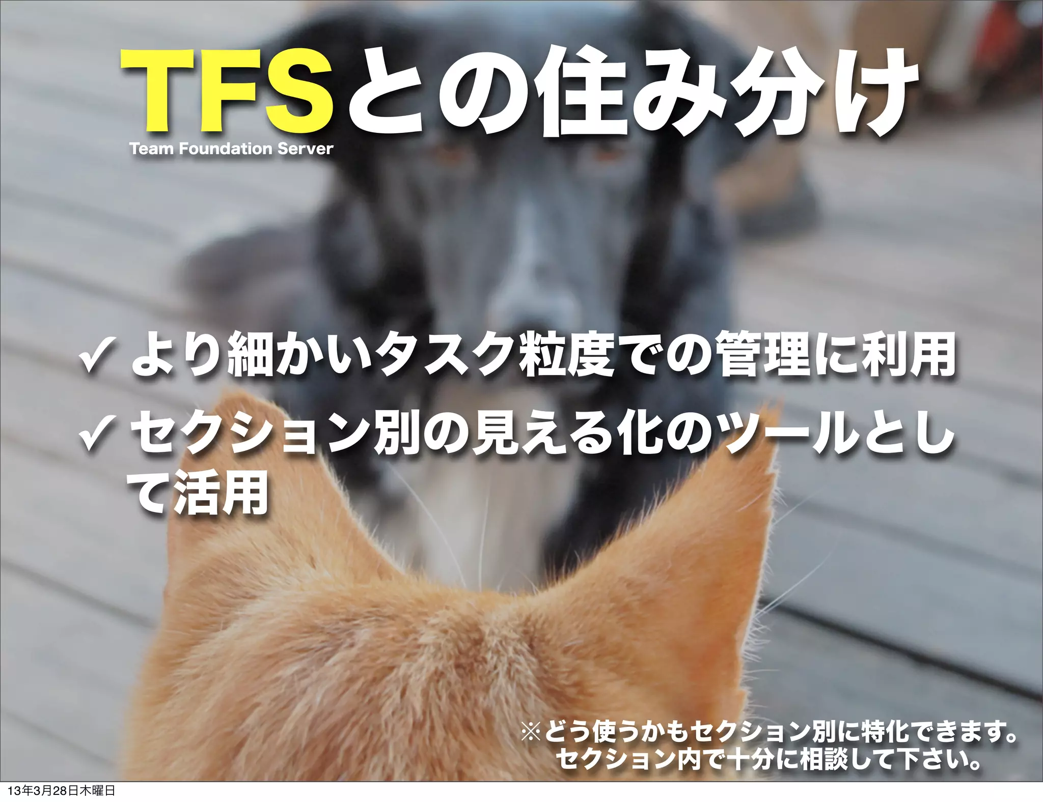 TFSとの住み分け
              Team Foundation Server




      ✓ より細かいタスク粒度での管理に利用
      ✓ セクション別の見える化のツールとし
       て活用



                                       ※どう使うかもセクション別に特化できます。
                                        セクション内で十分に相談して下さい。
13年3月28日木曜日
 