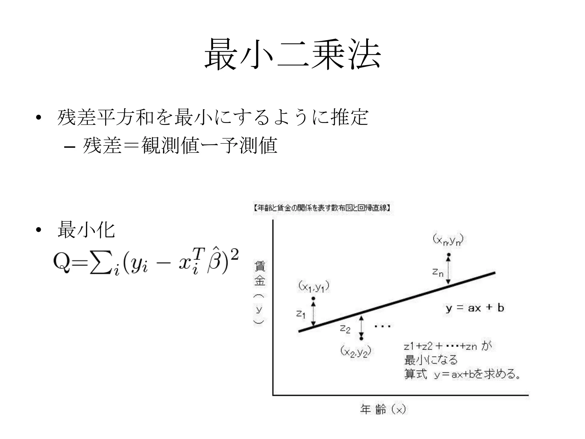 最小二乗法
• 残差平方和を最小にするように推定
  – 残差＝観測値ー予測値



• 最小化
 
