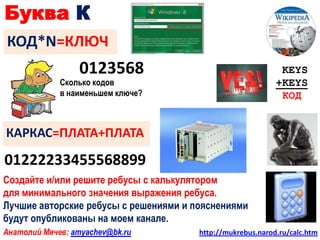 Буква К
КОД*N=КЛЮЧ
                 0123568                                     KEYS
             Сколько кодов                                  +KEYS
             в наименьшем ключе?                             КОД


КАРКАС=ПЛАТА+ПЛАТА

01222233455568899
Создайте и/или решите ребусы с калькулятором
для минимального значения выражения ребуса.
Лучшие авторские ребусы с решениями и пояснениями
будут опубликованы на моем канале.
Анатолий Мячев: amyachev@bk.ru         http://mukrebus.narod.ru/calc.htm
 