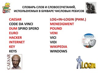 СЛОВАРЬ СЛОВ И СЛОВОСОЧЕТАНИЙ,
  ИСПОЛЬЗУЕМЫХ В БУКВАРЕ ЧИСЛОВЫХ РЕБУСОВ

CAESAR                LOG+IN=LOGIN (РИМ.)
CODE DA VINCI         MENEDGMENT
DUM SPIRO SPERO       POUND
EURO                  VENI
HACKER                VICI
INTERNET              VIDI
KEY                   WIKIPEDIA
KEYS                  WINDOWS
 