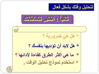 ‫لتحليل وقتك بشكل فعال‬

    ‫ثانيا ً : اختبر نشاطاتك‬

              ‫* هل هي ضرورية ؟‬
       ‫* هل البد أن تؤديها بنفسك ؟‬
‫* ما هي أكثر الطرق كفاءة ألدائها ؟‬
     ‫* استخدم نموذج تحليل الوقت .‬
 