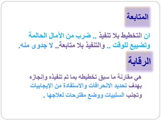 ‫المتابعة‬

    ‫ان التخطيط بال تنفيذ .. ضرب من اآلمال الحالمة‬
‫وتضييع للوقت .. والتنفيذ بال متابعة.. ال جدوى منه.‬

                                            ‫الرقابة‬
    ‫هي مقارنة ما سبق تخطيطه بما تم تنفيذه وإنجازه‬
    ‫بهدف تحديد االنحرافات واالستفادة من اإليجابيات‬
         ‫وتجنب السلبيات ووضع مقترحات لعالجها .‬
 