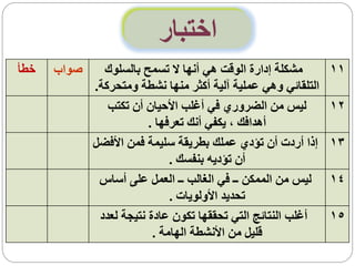 ‫اختبار‬
‫خطأ‬   ‫صواب‬     ‫مشكلة إدارة الوقت هي أنها ال تسمح بالسلوك‬       ‫11‬
             ‫التلقائي وهي عملية آلية أكثر منها نشطة ومتحركة.‬
                ‫ليس من الضروري في أغلب األحيان أن تكتب‬         ‫21‬
                         ‫أهدافك ، يكفي أنك تعرفها .‬
             ‫إذا أردت أن تؤدي عملك بطريقة سليمة فمن األفضل‬     ‫31‬
                              ‫أن تؤديه بنفسك .‬
              ‫ليس من الممكن ــ في الغالب ــ العمل على أساس‬     ‫41‬
                              ‫تحديد األولويات .‬
              ‫أغلب النتائج التي تحققها تكون عادة نتيجة لعدد‬    ‫51‬
                          ‫قليل من األنشطة الهامة .‬
 
