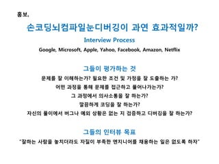 손코딩뇌컴파일눈디버깅이 과연 효과적일까?
Interview Process
Google, Microsoft, Apple, Yahoo, Facebook, Amazon, Netflix
그들이 평가하는 것
문제를 잘 이해하는가? 필요한 조건 및 가정을 잘 도출하는 가?
어떤 과정을 통해 문제를 접근하고 풀어나가는가?
그 과정에서 의사소통을 잘 하는가?
깔끔하게 코딩을 잘 하는가?
자신의 풀이에서 버그나 예외 상황은 없는 지 검증하고 디버깅을 잘 하는가?
그들의 인터뷰 목표
“잘하는 사람을 놓치더라도 자질이 부족한 엔지니어를 채용하는 일은 없도록 하자”
홍보,
 