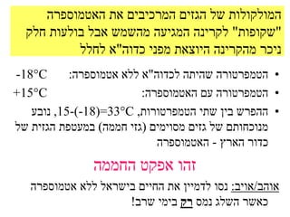 ‫המולקולות של הגזים המרכיבים את האטמוספרה‬
  ‫"שקופות" לקרינה המגיעה מהשמש אבל בולעות חלק‬
           ‫ניכר מהקרינה היוצאת מפני כדוה"א לחלל‬
‫‪-18C‬‬      ‫• הטמפרטורה שהיתה לכדוה"א ללא אטמוספרה:‬
‫‪+15C‬‬                    ‫• הטמפרטורה עם האטמוספרה:‬
   ‫• ההפרש בין שתי הטמפרטורות, ‪ ,15-(-18)=33C‬נובע‬
‫מנוכחותם של גזים מסוימים (גזי חממה) במעטפת הגזית של‬
                            ‫כדור הארץ - האטמוספרה‬
               ‫זהו אפקט החממה‬
   ‫אוהב/אויב: נסו לדמיין את החיים בישראל ללא אטמוספרה‬
                     ‫כאשר השלג נמס רק בימי שרב!‬
 
