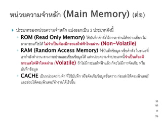    ประเภทของหน่วยความจาหลัก แบ่งออกเป็น 3 ประเภทดังนี้
    ◦ ROM (Read Only Memory) ใช้บันทึกคาสั่งไว้ถาวร อ่านได้อย่างเดียว ไม่
      สามารถแก้ไขได้ ไม่จาเป็นต้องมีกระแสไฟฟ้าไหลผ่าน (Non-Volatile)
    ◦ RAM (Random Access Memory) ใช้บันทึกข้อมูล หรือคาสั่ง ในขณะที่
      เรากาลังทางาน สามารถอ่านและเขียนข้อมูลได้ แต่หน่วยความจาประเภทนี้จาเป็นต้องมี
      กระแสไฟฟ้าไหลผ่าน (Volatile) ถ้าไม่มีกระแสไฟฟ้าแล้ว ก็จะไม่มีการจัดเก็บ หรือ
      บันทึกข้อมูล
    ◦ CACHE เป็นหน่วยความจา ที่ใช้บันทึก หรือจัดเก็บข้อมูลชั่วคราว ก่อนส่งให้คอมพิวเตอร์
      และช่วยให้คอมพิวเตอร์ทางานได้เร็วขึ้น


                                                                                           32
                                                                                           จา
                                                                                            ก
                                                                                           76
 