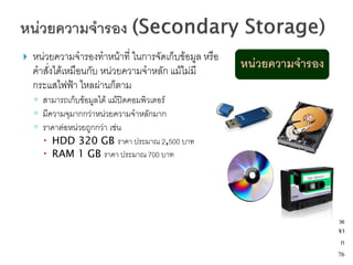    หน่วยความจารองทาหน้าที่ ในการจัดเก็บข้อมูล หรือ
    คาสั่งได้เหมือนกับ หน่วยความจาหลัก แม้ไม่มี
                                                      หน่วยความจารอง
    กระแสไฟฟ้า ไหลผ่านก็ตาม
    ◦ สามารถเก็บข้อมูลได้ แม้ปิดคอมพิวเตอร์
    ◦ มีความจุมากกว่าหน่วยความจาหลักมาก
    ◦ ราคาต่อหน่วยถูกกว่า เช่น
       HDD 320 GB ราคา ประมาณ 2,500 บาท
       RAM 1 GB ราคา ประมาณ 700 บาท




                                                                       36
                                                                       จา
                                                                        ก
                                                                       76
 