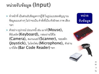    ทาหน้าที่ เป็นส่วนรับข้อมูลจากผู้ใช้ ในรูปแบบของสัญญาณ           หน่วย
    ข้อมูลแบบต่างๆ ไม่ว่าจะเป็น คาสั่งที่เป็น ตัวอักษร ภาพ เสียง   รับข้อมูล
    ฯลฯ
   ตัวอย่าง อุปกรณ์ ประเภทนี้ เช่น เมาส์ (Mouse),
    คีย์บอร์ด (Keyboard), กล่องถ่ายวีดีโอ
    (Camera), สแกนเนอร์ (Scanner), จอยสติก
    (Joystick), ไมโครโฟน (Microphone), ตัวอ่าน
    บาร์โค้ด (Bar Code Reader) ฯลฯ


                                                                               44
                                                                               จา
                                                                                ก
                                                                               76
 