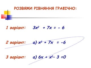 РОЗВЯЖИ РІВНЯННЯ ГРАФІЧНО:




1 варіант:   3х2 + 7х = - 6


2 варіант:   а) х2 + 7х = -6


3 варіант:   а) 6х + х2– 3 =0
 