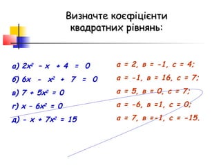Визначте коєфіцієнти
                  квадратних рівнянь:


а) 2х2 – х + 4 = 0        а = 2, в = -1, с = 4;
б) 6х - х2 + 7 = 0        а = -1, в = 16, с = 7;
в) 7 + 5х2 = 0            а = 5, в = 0, с = 7;
г) х – 6х2 = 0            а = -6, в =1, с = 0;
д) - х + 7х2 = 15         а = 7, в =-1, с = -15.
 