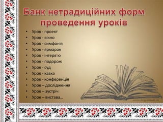 •   Урок - проект
•   Урок - вікно
•   Урок - симфонія
•   Урок - ярмарок
•   Урок - інтерв'ю
•   Урок - подорож
•   Урок - суд
•   Урок - казка
•   Урок - конференція
•   Урок – дослідження
•   Урок – зустріч
•   Урок – вистава…
 
