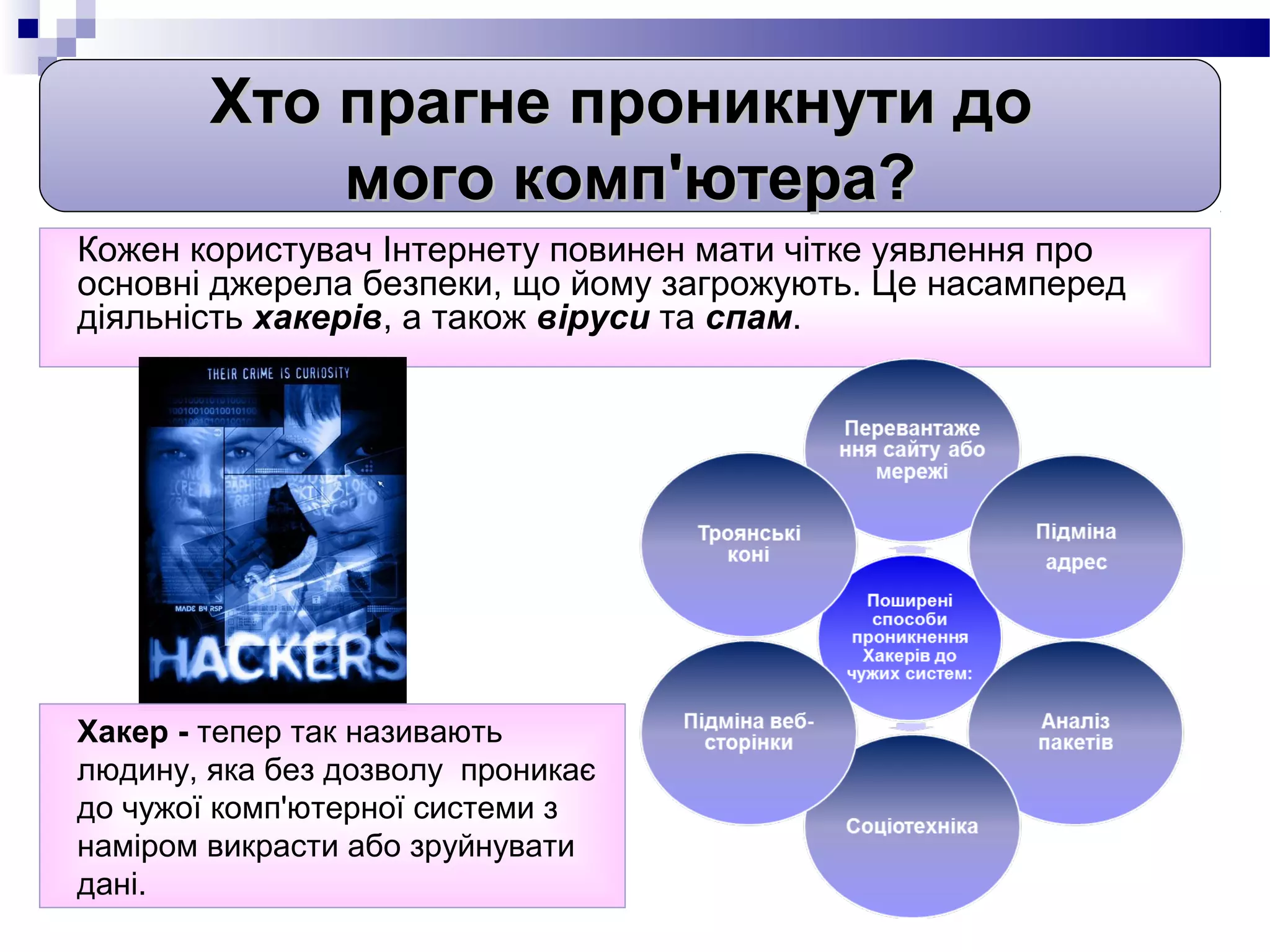 Хто прагне проникнути до
            мого комп'ютера?
Кожен користувач Інтернету повинен мати чітке уявлення про
основні джерела безпеки, що йому загрожують. Це насамперед
діяльність хакерів, а також віруси та спам.




Хакер - тепер так називають
людину, яка без дозволу проникає
до чужої комп'ютерної системи з
наміром викрасти або зруйнувати
дані.
 