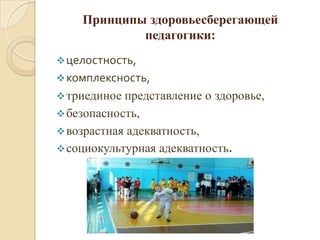 Принципы здоровьесберегающей
            педагогики:
 целостность,
 комплексность,
 триединое представление о здоровье,
 безопасность,
 возрастная адекватность,
 социокультурная адекватность.
 