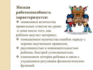 Низкая
работоспособность
характеризуется:
 снижением количества
правильных ответов на уроке
и дома после того, как
ребенок выучил материал;
 повышением количества ошибок наряду с
   хорошо выученным правилом;
 рассеянностью и невнимательностью
   ребенка, быстрой утомляемостью;
 изменением почерка ребенка в связи с
   ухудшением регуляции физиологических
   функций.
 