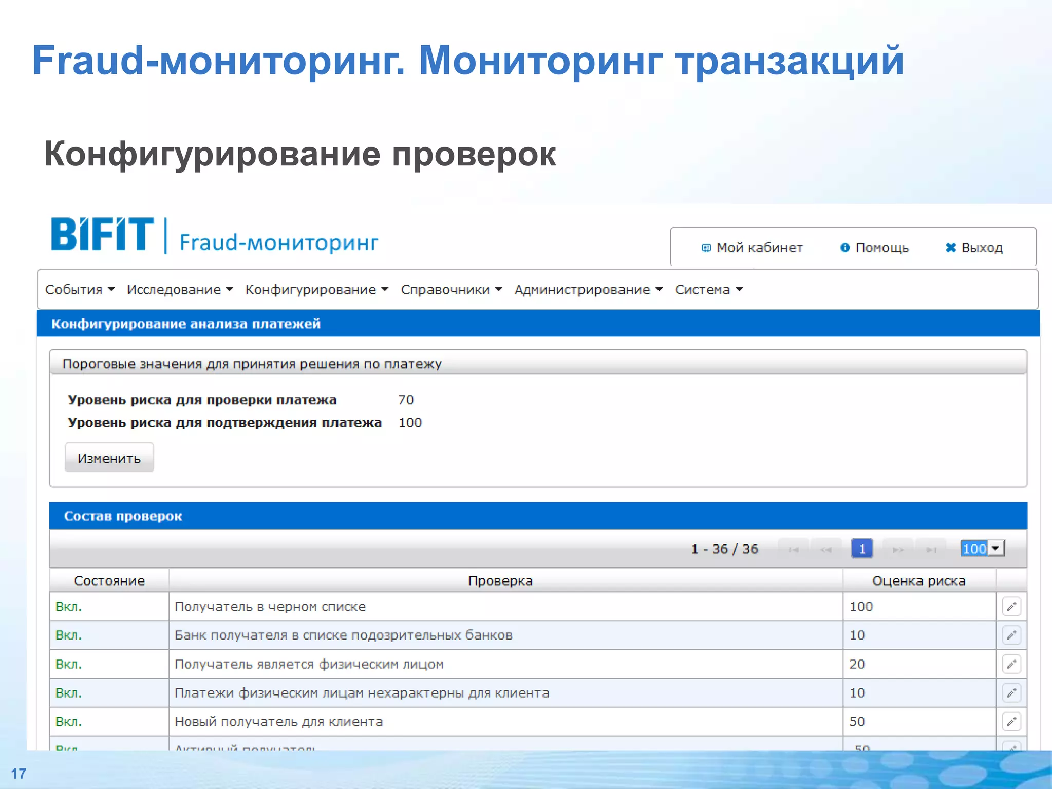 Fraud-мониторинг. Мониторинг транзакций

     Конфигурирование проверок




17
 