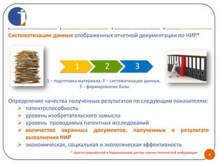 Систематизации данных отображенных отчетной документации по НИР*




                         1                2                3
             1 – подготовка материала, 2 – систематизация данных,
                            3 – формирование базы


Определение качества полученных результатов по следующим показателям:
    патентоспособность
    уровень изобретательского замысла
    уровень проводимых патентных исследований
    количество охранных документов, полученных в результате
     выполнения НИР
    экономическая, социальная и экологическая эффективность
                       * зарегистрированной в Национальном центре научно-технической информации
                                                                                                  4
 