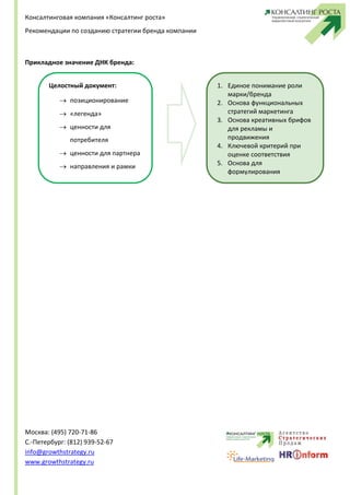 Консалтинговая компания «Консалтинг роста»
Рекомендации по созданию стратегии бренда компании



Прикладное значение ДНК бренда:


       Целостный документ:                           1. Единое понимание роли
                                                        марки/бренда
            позиционирование                        2. Основа функциональных
            «легенда»                                  стратегий маркетинга
                                                     3. Основа креативных брифов
            ценности для                               для рекламы и
              потребителя                               продвижения
                                                     4. Ключевой критерий при
            ценности для партнера                      оценке соответствия
            направления и рамки                     5. Основа для
                                                        формулирования
              развития марки                            долгосрочной цели бизнеса




Москва: (495) 720-71-86
С.-Петербург: (812) 939-52-67
info@growthstrategy.ru
www.growthstrategy.ru
 