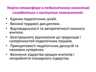Творча атмосфера в педагогічному колективі
   складається з наступних компонентів:
• Єдиних педагогічних цілей.
• Високої трудової дисципліни.
• Відповідальності та авторитетності кожного
  вчителя.
• Безстрашного відношення до труднощів і
  суперечностей педагогічних пошуків.
• Принциповості педагогічних дискусій та
  наукових суперечок.
• Визнання лідерства кращих вчителів і
  неприйняття ілюзорного лідерства.
 