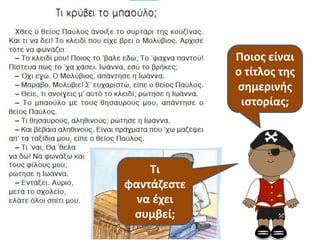 Ποιοσ είναι
             ο τίτλοσ τθσ
             ςθμερινισ
              ιςτορίασ;




    Τι
φαντάηεςτε
  να ζχει
 ςυμβεί;
 