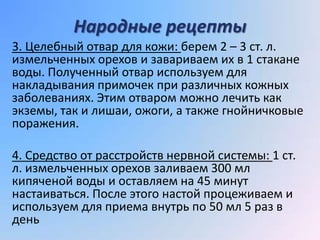 Народные рецепты
3. Целебный отвар для кожи: берем 2 – 3 ст. л.
измельченных орехов и завариваем их в 1 стакане
воды. Полученный отвар используем для
накладывания примочек при различных кожных
заболеваниях. Этим отваром можно лечить как
экземы, так и лишаи, ожоги, а также гнойничковые
поражения.

4. Средство от расстройств нервной системы: 1 ст.
л. измельченных орехов заливаем 300 мл
кипяченой воды и оставляем на 45 минут
настаиваться. После этого настой процеживаем и
используем для приема внутрь по 50 мл 5 раз в
день
 