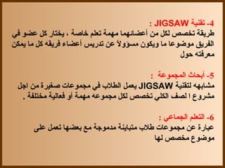 ‫4- تقنية ‪: JIGSAW‬‬
‫طريقة تخصص لكل من أعضائهما مهمة تعلم خاصة ، يختار كل عضو في‬
‫الفريق موضوعا ما ويكون مسؤو  ً عن تدريس أعضاء فريقه كل ما يمكن‬
                                ‫ل‬
                                                    ‫معرفته حول‬

                                        ‫5- أبحاث المجموعة :‬
 ‫مشابهه لتقنية ‪ JIGSAW‬يعمل الطل ب في مجموعات صغيرة من اجل‬
  ‫مشروع ا لصف الكلي تخصص لكل مجموعه مهمة أو فعالية مختلفة .‬

                                             ‫6- التعلم الجماعي :‬
      ‫عبارة عن مجموعات طل ب متباينة مدموجة مع بعضها تعمل على‬
                                           ‫موضوع مخصص لها‬
 