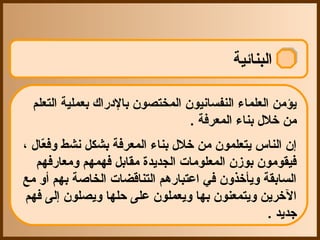 ‫البنائية‬

  ‫يؤمن العلماء النفسانيون المختصون بالدراك بعملية التعلم‬
                                  ‫من تخل ل بناء المعرفة .‬
‫إن الناس يتعلمون من تخل ل بناء المعرفة بشكل نشط وفعا ل ،‬
     ‫اّ‬
    ‫فيقومون بوزن المعلومات الجديدة مقابل فهمهم ومعارفهم‬
‫السابقة ويأتخذون في اعتبارهم التناقضات الخاصة بهم أو مع‬
 ‫التخرين ويتمعنون بها ويعملون على حلها ويصلون إلى فهم‬
                                                 ‫جديد .‬
 