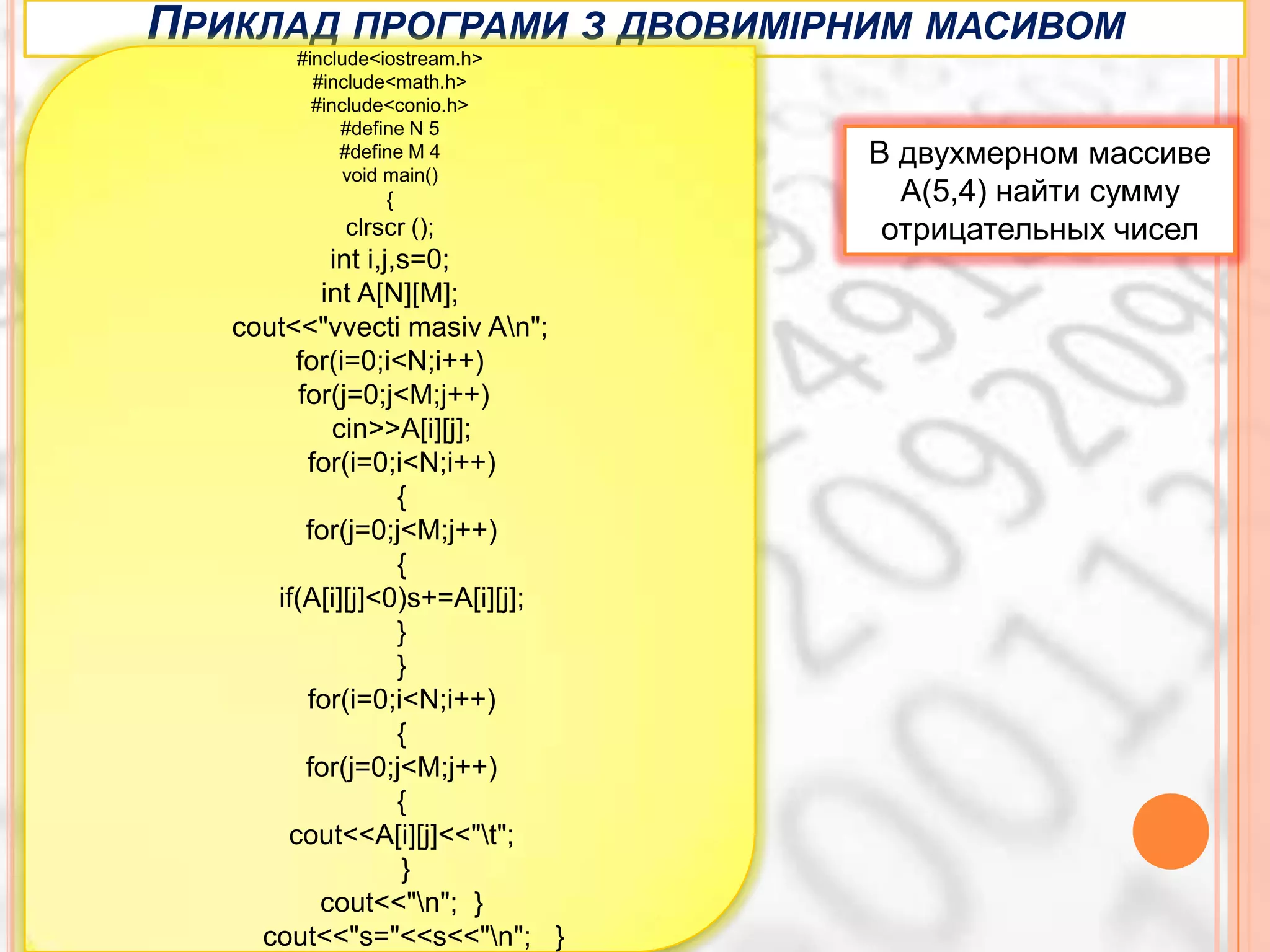 ПРИКЛАД ПРОГРАМИ З ДВОВИМІРНИМ МАСИВОМ
        #include<iostream.h>
          #include<math.h>
          #include<conio.h>
             #define N 5
             #define M 4         В двухмерном массиве
              void main()
                 {                 А(5,4) найти сумму
             clrscr ();           отрицательных чисел
            int i,j,s=0;
           int A[N][M];
   cout<<"vvecti masiv An";
        for(i=0;i<N;i++)
         for(j=0;j<M;j++)
            cin>>A[i][j];
          for(i=0;i<N;i++)
                    {
          for(j=0;j<M;j++)
                    {
      if(A[i][j]<0)s+=A[i][j];
                    }
                    }
          for(i=0;i<N;i++)
                    {
          for(j=0;j<M;j++)
                    {
       cout<<A[i][j]<<"t";
                    }
           cout<<"n"; }
     cout<<"s="<<s<<"n"; }
 