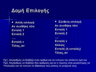 Δομή Επιλογής

        Απλή επιλογή                         Σύνθετη επιλογή
       Αν συνθήκη τότε                       Αν συνθήκη τότε
       Εντολή 1                              Εντολή 1
       Εντολή 2                              Εντολή 2
       ….                                    ….
       Εντολή ν                              Εντολή ν
       Τέλος_αν                              Αλλιώς
                                             Εντολή (ή εντολές)
                                             Τέλος_αν

Πχ1. Αλγόριθμός να διαβάζει έναν αριθμό και να τυπώνει την απόλυτη τιμή του
Πχ2. Αλγόριθμος να διαβάζει δύο αριθμούς και αν ο πρώτος είναι μεγαλύτερος να
Υπολογίζει και να τυπώνει το άθροισμα τους αλλιώς το γινόμενό τους
 