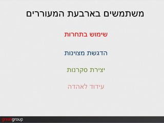 ‫משתמשים בארבעת המעוררים‬
       ‫שימוש בתחרות‬

       ‫הדגשת מצוינות‬

       ‫יצירת סקרנות‬

        ‫עידוד לאהדה‬
 