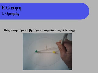 Έλλειψη
1. Ορισμός



 Πώς μπορούμε να βρούμε τα σημεία μιας έλλειψης;
 