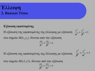 Έλλειψη
2. Βασικοί Τύποι


 Εξίσωση εφαπτομένης
                                                   x2 y2
 Η εξίσωση της εφαπτομένης της έλλειψης με εξίσωση     + 2 =1
                                                   α 2
                                                        β
 στο σημείο Μ(x1,y1), δίνεται από την εξίσωση
                            xx1 yy1
                                + 2 =1
                            α 2
                                 β

                                                     x2 y2
 Η εξίσωση της εφαπτομένης της έλλειψης με εξίσωση       + 2 =1
                                                     β 2
                                                          α

 στο σημείο Μ(x1,y1), δίνεται από την εξίσωση
                            xx1 yy1
                                + 2 =1
                            β 2
                                 α
 