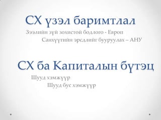 СХ үзэл баримтлал
 Зээлийн зүй зохистой бодлого - Европ
      Санхүүгийн эрсдлийг бууруулах – АНУ




СХ ба Капиталын бүтэц
  Шууд хэмжүүр
       Шууд бус хэмжүүр
 