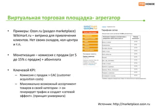 Виртуальная торговая площадка- агрегатор

•   Примеры: Ozon.ru (раздел marketplace)
    Wikimart.ru – витрина для привлечения
    клиентов. Нет своих складов, кол-центра
    и т.п.

•   Монетизация – комиссия с продаж (от 5
    до 15% с продаж) + абонплата

•   Ключевой KPI:
     – Комиссия с продаж > СAC (customer
       acquisition costs)
     – Максимально возможный ассортимент
       товаров в своей категории -> он
       генерирует трафик и создает «сетевой
       эффект». (принцип универмага)

                                              Источник: http://marketplace.ozon.ru
 