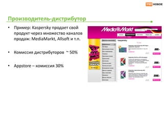 Производитель-дистрибутор
• Пример: Kaspersky продает свой
  продукт через множество каналов
  продаж: MediaMarkt, Allsoft и т.п.

• Комиссия дистрибуторов ~ 50%

• Appstore – комиссия 30%
 
