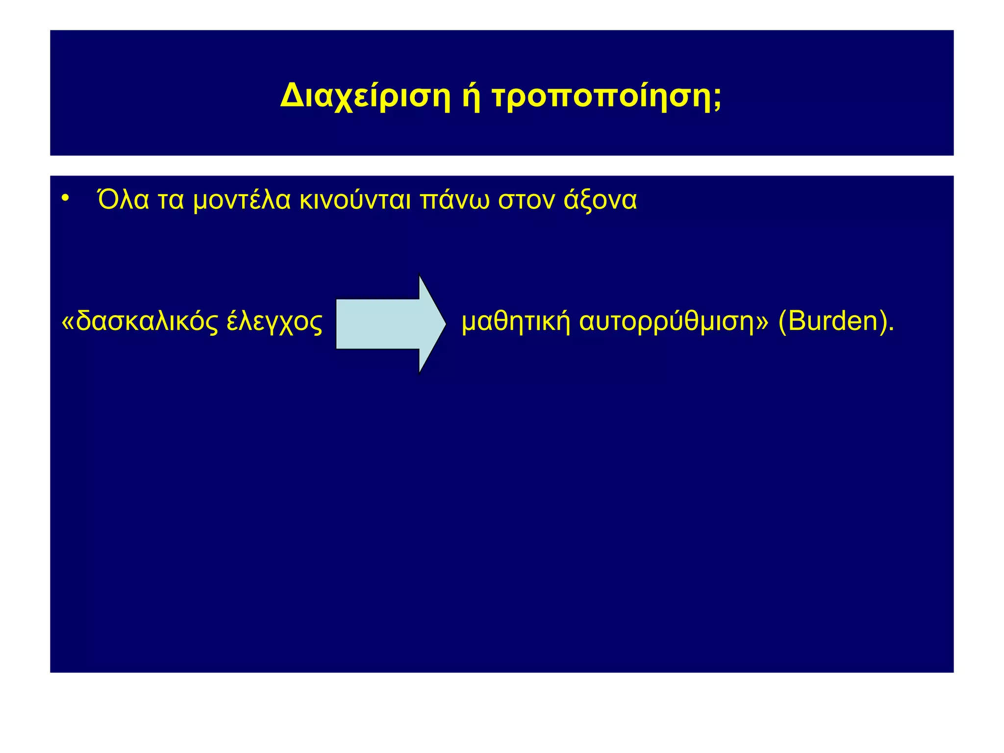 Διαχείριση ή τροποποίηση;


•   Όλα τα μοντέλα κινούνται πάνω στον άξονα



«δασκαλικός έλεγχος           μαθητική αυτορρύθμιση» (Burden).
 