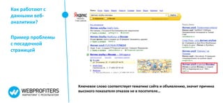Как работают с
данными веб-
аналитики?

Пример проблемы
с посадочной
страницей




                  Ключевое слово соответствует тематике сайта и объявлению, значит причина
                  высокого показателя отказов не в посетителе…
 