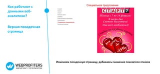 Как работают с
данными веб-
аналитики?

Верная посадочная
страница




                    Изменяем посадочную страницу, добиваясь снижения показателя отказов
 