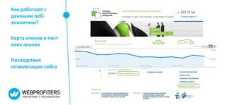 Как работают с
данными веб-
аналитики?

Карта кликов и пост
клик анализ

Последствия
оптимизации сайта
 