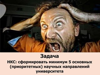 Задача
НКС: сформировать минимум 5 основных
 (приоритетных) научных направлений
            университета
 
