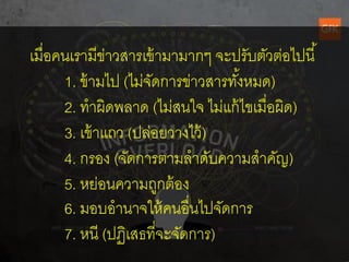 เมื่อคนเรามีข่าวสารเข้ ามามากๆ จะปรับตัวต่อไปนี ้
      1. ข้ ามไป (ไม่จดการข่าวสารทังหมด)
                      ั            ้
      2. ทาผิดพลาด (ไม่สนใจ ไม่แก้ ไขเมื่อผิด)
      3. เข้ าแถว (ปล่อยวางไว้ )
      4. กรอง (จัดการตามลาดับความสาคัญ)
      5. หย่อนความถูกต้ อง
      6. มอบอานาจให้ คนอื่นไปจัดการ
      7. หนี (ปฏิเสธที่จะจัดการ)                    25
 
