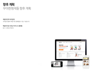 향후 계획
우아한형제들 향후 계획


배달의민족 바로결제
모바일과 웹에서 배달 주문 결제를 할 수 있는 기능입니다.


배달외식업 사장님 비지니스 플랫폼
광고 + CRM(고객관리)
 